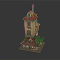 Cartoon Scene Featuring Tall Crooked Multi Story Wooden House With Red Roof Windows And Chimney
