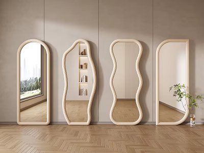 Four Unique Shaped Light Wood Mirrors In Minimalist Room 3d model