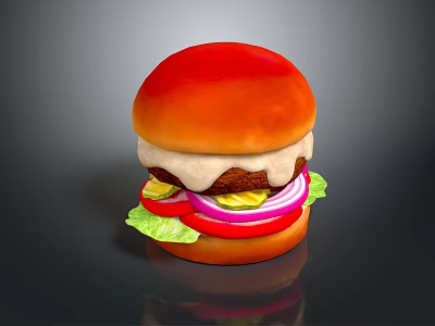 Delicious Juicy Hamburger With Red Bun Patty Cheese Lettuce Tomato And Pickles 3d model