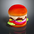 Delicious Juicy Hamburger With Red Bun Patty Cheese Lettuce Tomato And Pickles