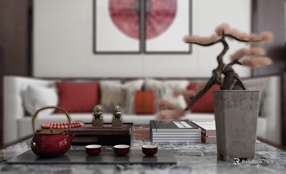 Ornamental Decor Set With Red Teapot Three Teacups Small Figurines And Pine Tree Ornament 3d model 