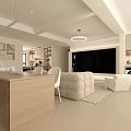 Modern Living Dining Room Interior With Beige Sofa Round Coffee Table And Chandelier