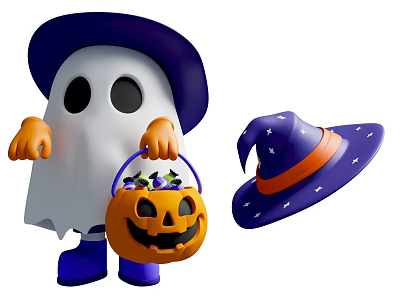 Floral Display For Halloween With Ghost Pumpkin Bucket And Witch Hat 3d model