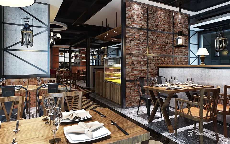 Industrial Style Restaurant Interior With Open Design Brick Walls Chandeliers Dining Tables And Tableware 3d model 