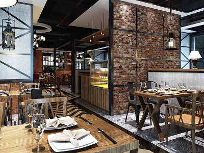 Industrial Style Restaurant Interior With Open Design Brick Walls Chandeliers Dining Tables And Tableware 3d model