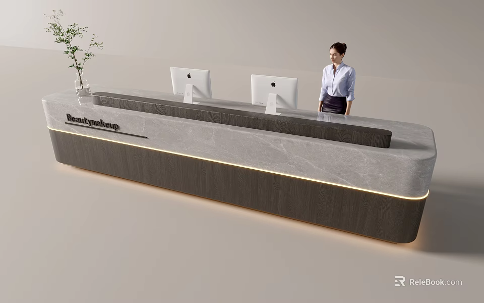 Modern Front Desk Reception With Marble Top iMac Computers And Professional Receptionist 3d model