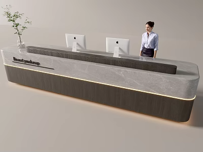 Modern Front Desk Reception With Marble Top iMac Computers And Professional Receptionist 3d model