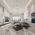 Modern Dining and Living Room Interior With Round Chandelier Marble Floor And Chairs