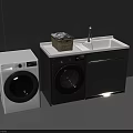 Modern Laundry Room With White And Dark Gray Washing Machines Sink Cabinet And Laundry Basket