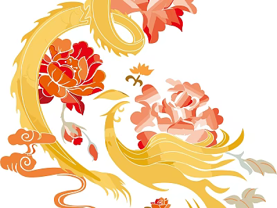 Elegant Traditional Chinese Dragon Phoenix Peony Pattern Wall Decor Art Design 3d model