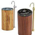 Modern Wooden Striped Washbasin Design With Marble Top Gold Faucet And Color Options