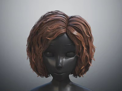Brown Curly Hair on Black Human Head Model with Realistic Textured Medium Length Design 3d model