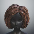 Brown Curly Hair on Black Human Head Model with Realistic Textured Medium Length Design