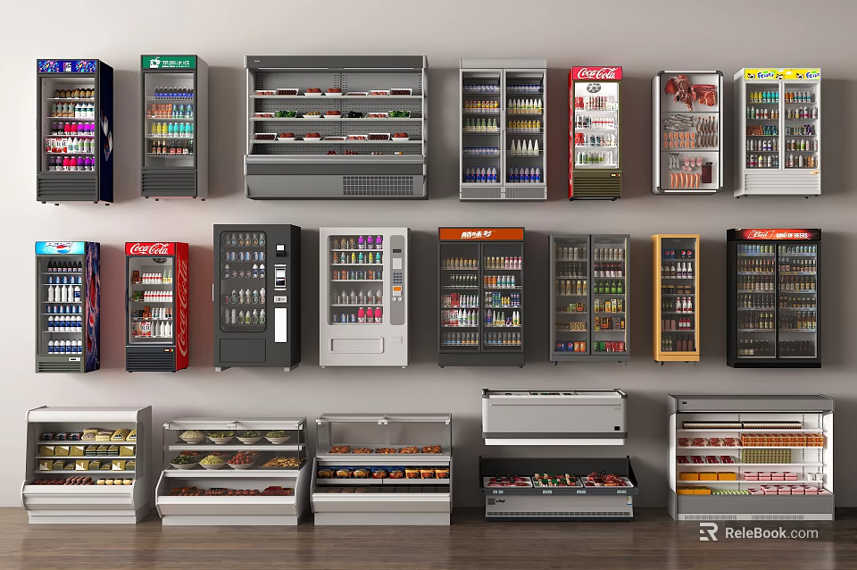 Various Commercial Refrigerators And Freezers Stocked With Food Items On 3d model 
