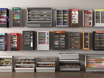Various Commercial Refrigerators And Freezers Stocked With Food Items On 3d model