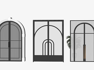 Modern Arched Entry Doors With Black Frame And Grid Glass Design Elements 3d model