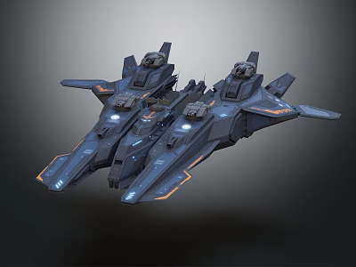 Futuristic Sci Fi Dual Spacecraft With Blue Lights And Dark Streamlined Design 3d model