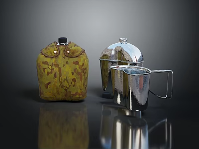 Essential Household Items With Yellow Patterned Bag Silver Lidded Container And Silver Handled Cup 3d model
