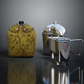 Essential Household Items With Yellow Patterned Bag Silver Lidded Container And Silver Handled Cup