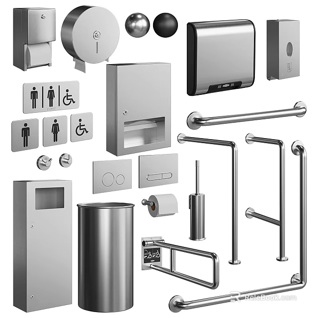 Daily Washing Necessities Including Soap Dispensers Paper Towel Holders Handrails And Trash Cans 3d model 