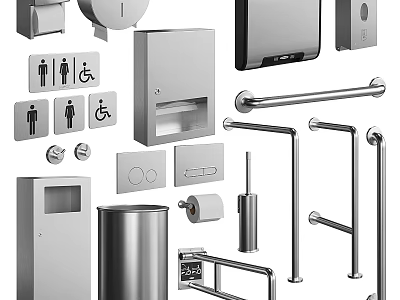Daily Washing Necessities Including Soap Dispensers Paper Towel Holders Handrails And Trash Cans 3d model