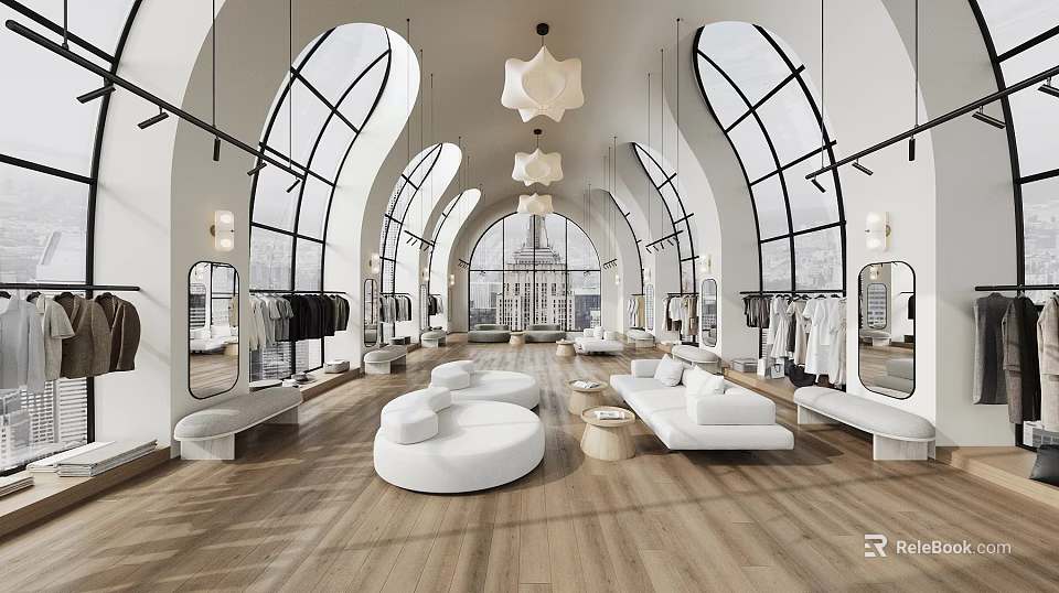Bright Modern High End Clothing Store With Arched Windows Wood Flooring And Cozy Lounge Area 3d model 