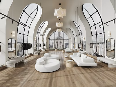 Bright Modern High End Clothing Store With Arched Windows Wood Flooring And Cozy Lounge Area 3d model