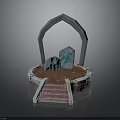 Mystical Circular Platform With Arched Structure Stone Tablets Steps And Blue Symbols