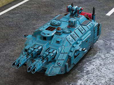 Blue Military Armored Vehicle With Multiple Cannons And Top Mounted Equipment 3d model