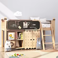 Wooden Bunk Bed Chalkboard Headboard with ABC Letters Storage Cabinet Books and Toys