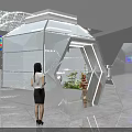 Modern Hexagonal Transparent Display Space With Neon Lights Indoor Plants And People Inside