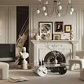Elegant Modern Living Room Interior With Chandelier Fireplace Framed Art Curved Sofa And Plants