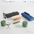 Modern Sofa And Coffee Table Set With Black Blue Sofas Unique Design And Round Stools 3d model