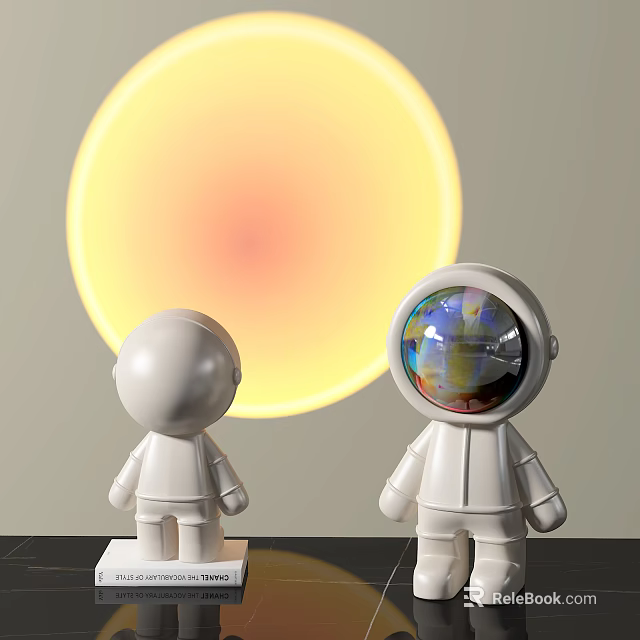 Creative Decorative Ornament Set Featuring Two Astronaut Figurines and Glowing Yellow Sun Backdrop 3d model