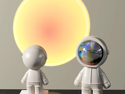 Creative Decorative Ornament Set Featuring Two Astronaut Figurines and Glowing Yellow Sun Backdrop 3d model