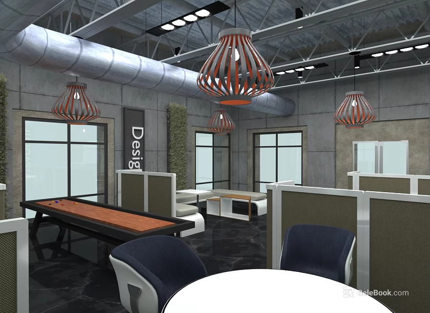 Modern Public Office Space With Pendant Lights Work Cubicles And Comfortable Tables Chairs 3d model 