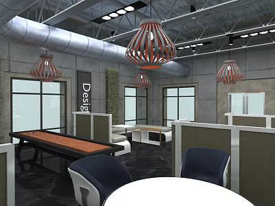 Modern Public Office Space With Pendant Lights Work Cubicles And Comfortable Tables Chairs 3d model