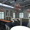Modern Public Office Space With Pendant Lights Work Cubicles And Comfortable Tables Chairs