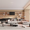 Modern Living Room Interior Design With Wooden Bookshelves And Sectional Sofa
