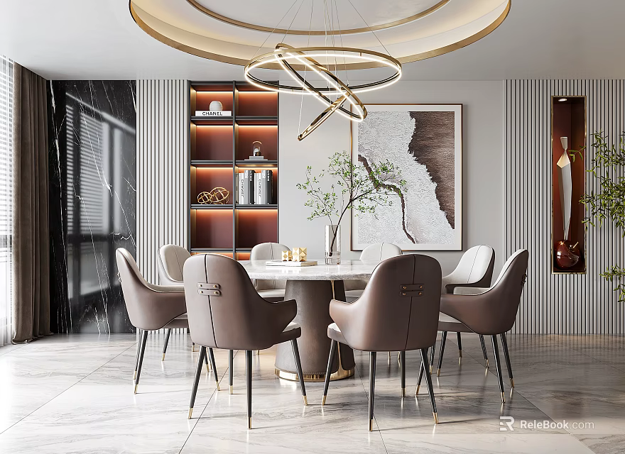 Elegant Modern Restaurant Interior With Round Chandelier Marble Dining Table And Leather Chairs 3d model 