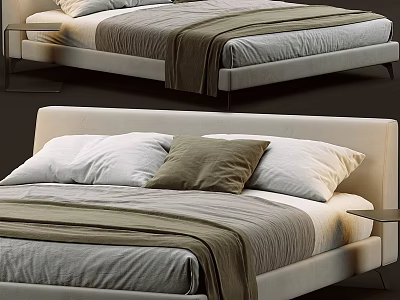 Modern Double Bed With Upholstered Headboard Neutral Tones Pillows Blanket And Nightstand 3d model