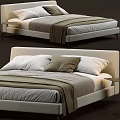 Modern Double Bed With Upholstered Headboard Neutral Tones Pillows Blanket And Nightstand