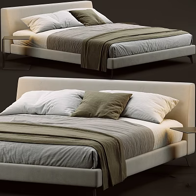 Modern Double Bed With Upholstered Headboard Neutral Tones Pillows Blanket And Nightstand 3d model