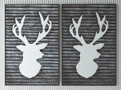 Deer Head Silhouette Decorative Wall Art With Two Panels Dark Striped Wooden Background 3d model