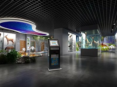 Natural History Exhibition Hall With Animal Specimens Display Cases And Interactive Kiosk 3d model
