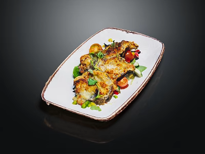 Grilled Meat With Melted Cheese Greens Tomatoes And Herbs On White Plate With Brown Rim 3d model