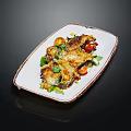 Grilled Meat With Melted Cheese Greens Tomatoes And Herbs On White Plate With Brown Rim