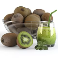 Fresh Kiwi Fruits in Metal Basket with Sliced Kiwi and Green Juice with Mint Leaves