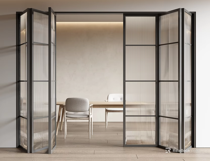Modern Minimalist Interior With Open Black Frame Glass Folding Doors And Dining Table 3d model 
