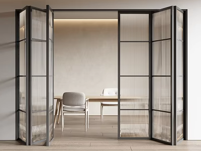 Modern Minimalist Interior With Open Black Frame Glass Folding Doors And Dining Table 3d model